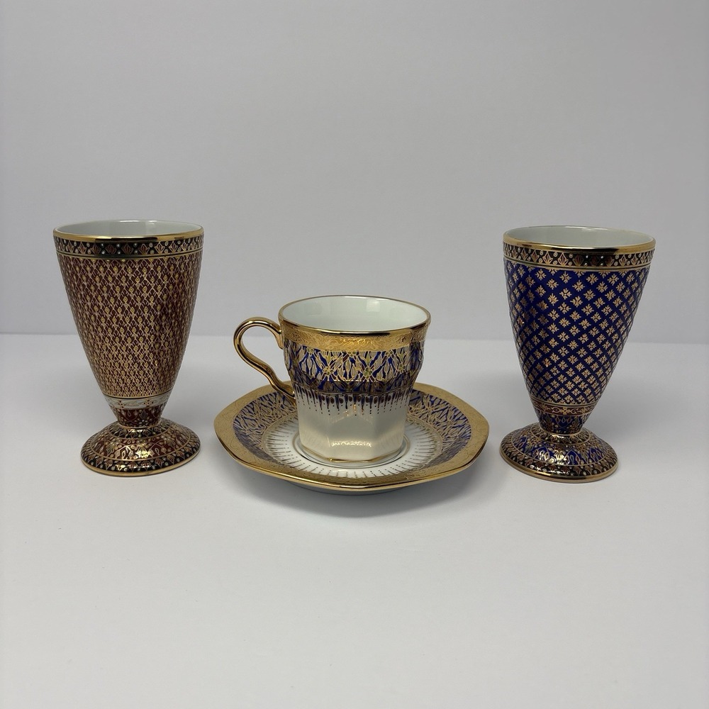 Vintage Thai Benjarong Porcelain Goblets Cup Saucer Set Hand Painted Gold